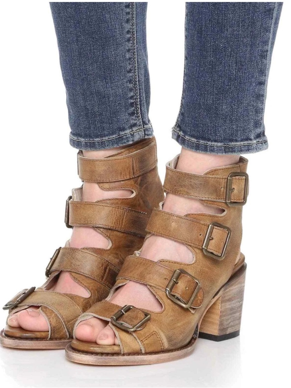 Freebird Quail Womens Tan Leather Buckle 4 inch Block Heel Sandals